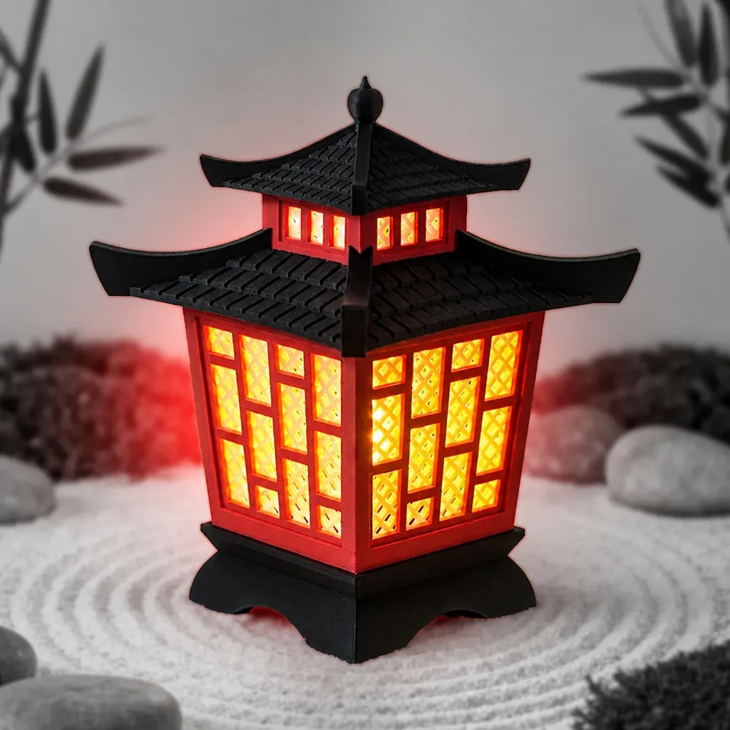 Luminária Pagoda Lanterna Oriental Decorativa 3d + Fonte 12v Vermelho Preto 12v