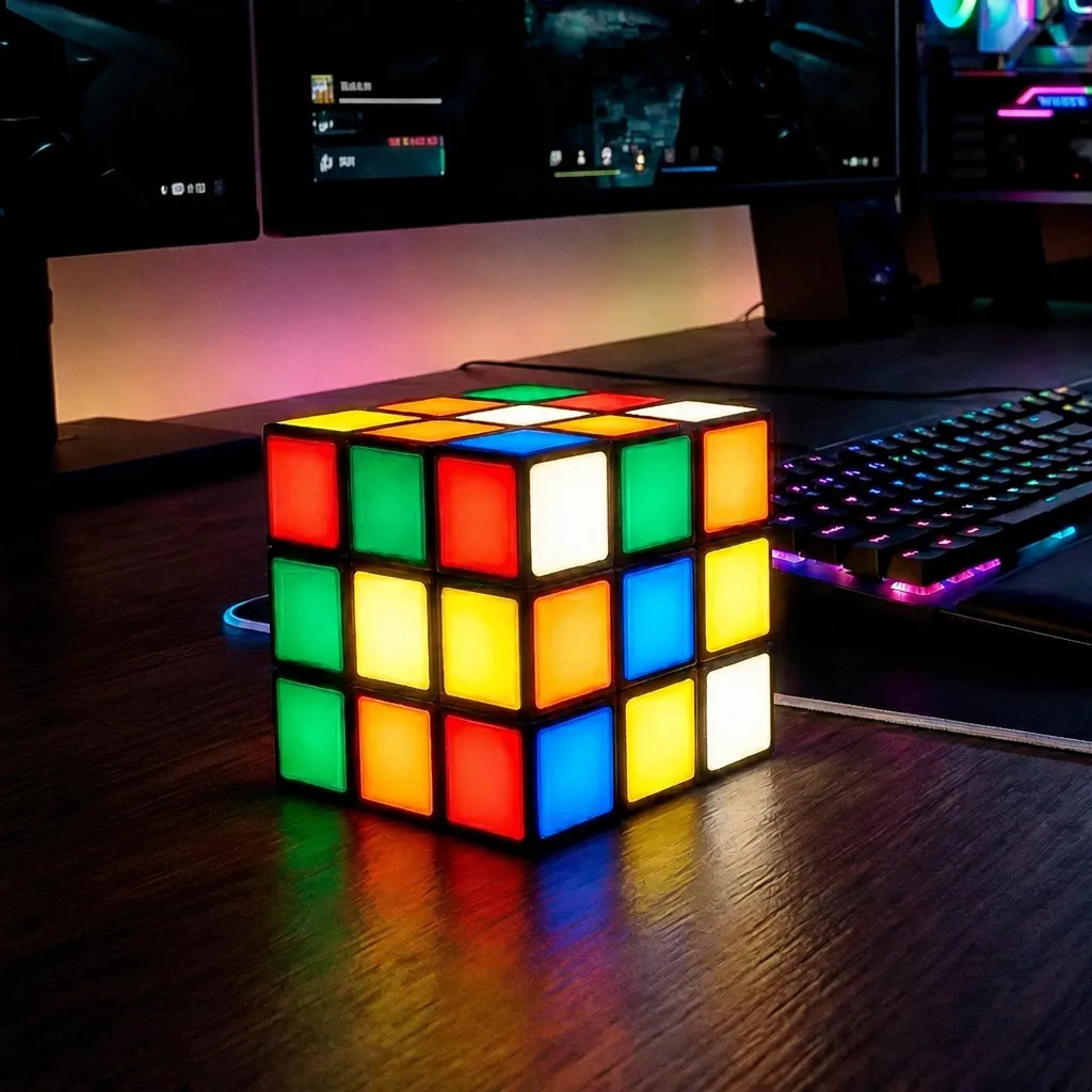 Luminária Cubo Mágico Retro Geek Decoração Gamer 3d Preto 12v
